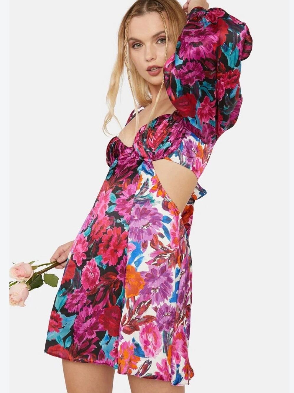 For Love & Lemons Scarlett Satin Floral Open Back Bell Sleeve Mini Dress Small